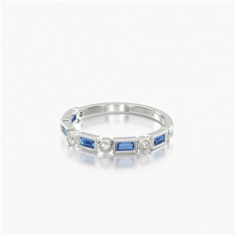 14K White Gold Diamond and Sapphire Baguette Milgrain Ring-14823w14