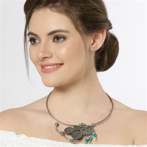 Buy Moedbuille Turquoise Pearls Studded Antique Floral Design Oxidised ...