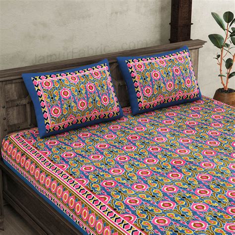 JaipurFabric® Lush Pink Blue Ikat Super King 10FT Cotton Bed Sheet