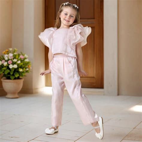 Juniors Solid Ruffle Sleeve Top and Elasticated Pants Set