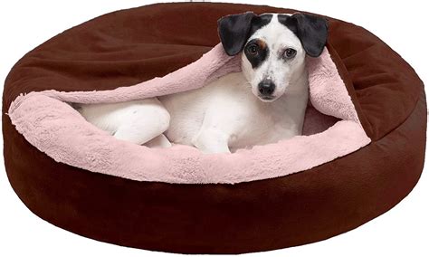 PAWSOME - Round Snuggery Hooded Fabric Dog Bed with Attached Blanket ...