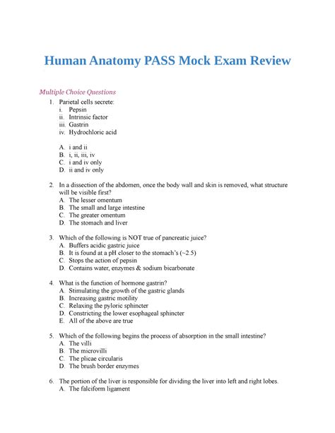 Human Anatomy Mock Exam Review Student Copy - Human Anatomy PASS Mock ...