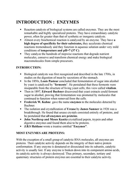 Enzyme introduction - INTRODUCTION : ENZYMES Reaction catalysts of ...