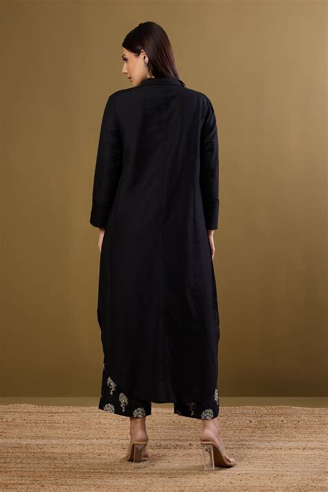 Button Down Rounded Hem Shirt Dress In Black Silk Slub Pockets by Maati ...