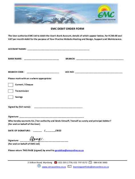 Fillable Online Emc Ltd Debit Order Authorization Fax Email Print ...