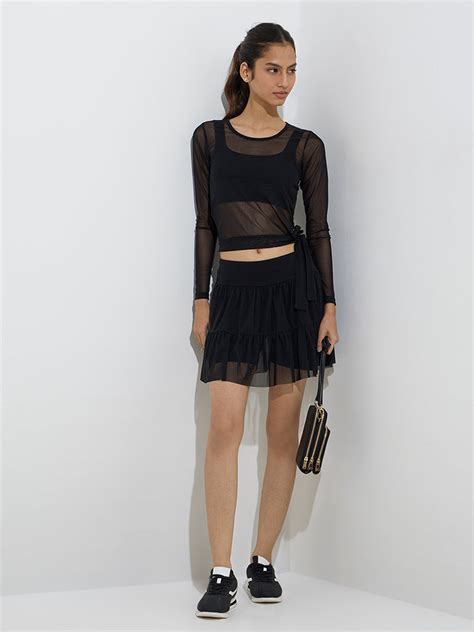 Buy Studiofit Black Mesh Detailed High-Rise Cotton-Blend Skirt from ...