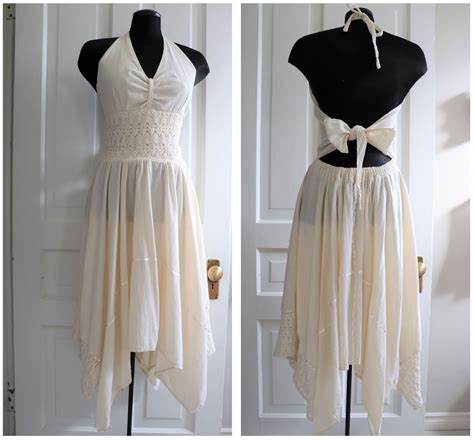 70's Boho Off White Summer Halter Dress. Beautiful Bohemian Crochet n Cotton Gauze Halter Dress ...