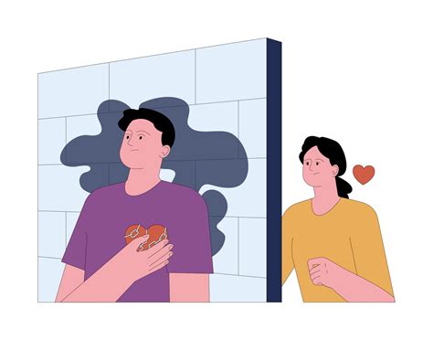 Fear of emotional vulnerability. Scared young man hiding behind a wall ...