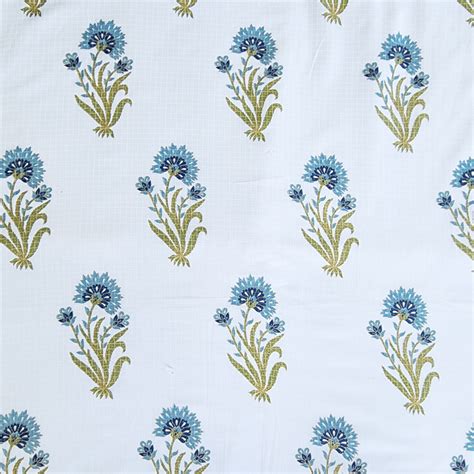 Pure Cotton Screen Print White With Blue Big Flower Motif Design Fabri ...