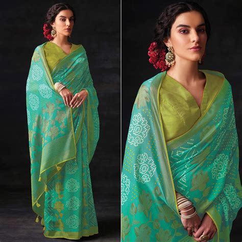 Turquoise Bandhani Printed Brasso Saree