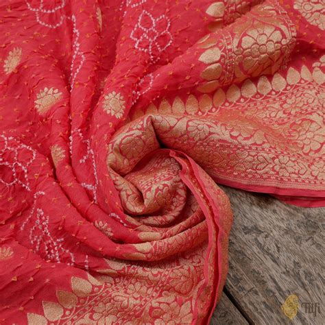 Coral Pure Georgette Banarasi Handloom Bandhani Dupatta - Tilfi
