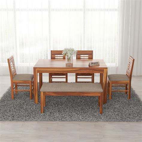Wopno Furniture Solid Sheesham Wood 4 Chair with 1 Bench Dining Table ...