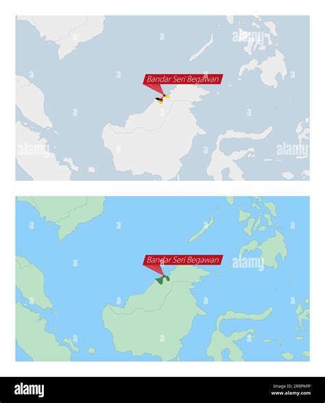 Brunei map with pin of country capital. Two types of Brunei map with ...