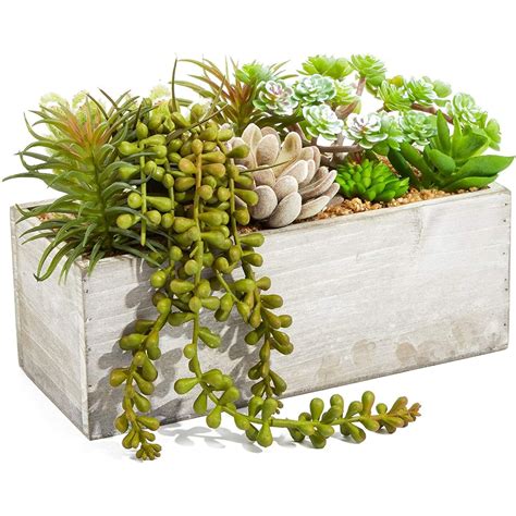 Juvale Artificial Mixed Succulent Plants in Rectangular Wooden Planter ...