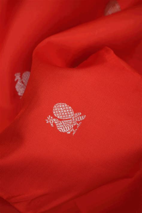 Peacock Chakram Motifs Tomato Red Kanchipuram Silk Saree – Sundari Silks