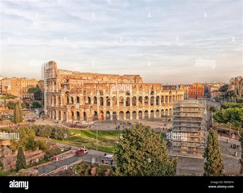 The ancient ruin of the Roman Colosseum amphitheater situated in the Italien capital of Rome ...