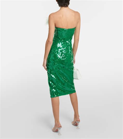 Feather-trimmed sequined midi dress in green - Self Portrait | Mytheresa