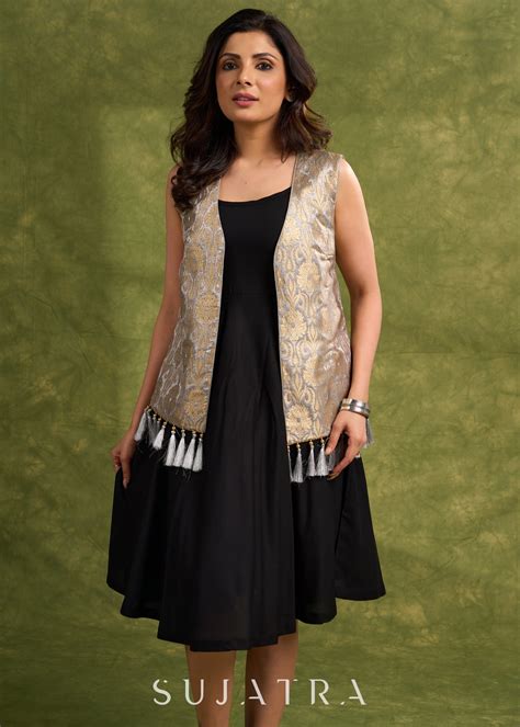 grey gold luxe brocade sleeveless jacket with tassels for elevated sty ...