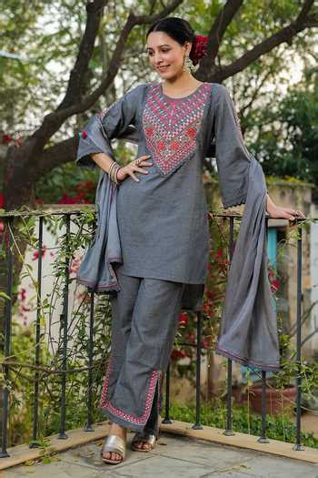 Buy Blue Kurta And Palazzo Cotton Embroidery Mirror Round Geometric Set ...