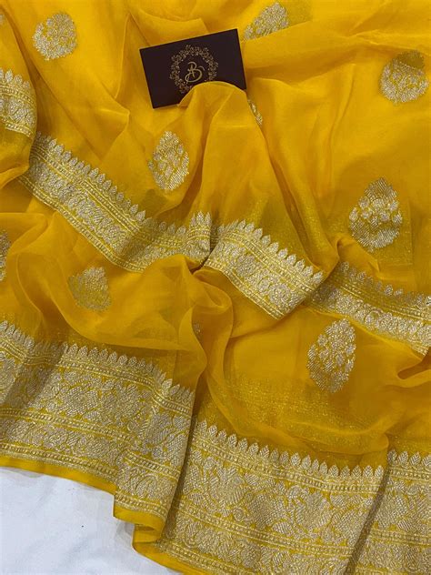 Yellow Buta Banarasi Khaddi Chiffon Georgette Saree - Aura Benaras