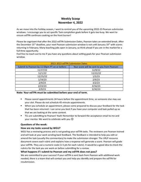 Important dates - This is a helpful tool in guiding you through the EDTPA course. - Weekly Scoop ...
