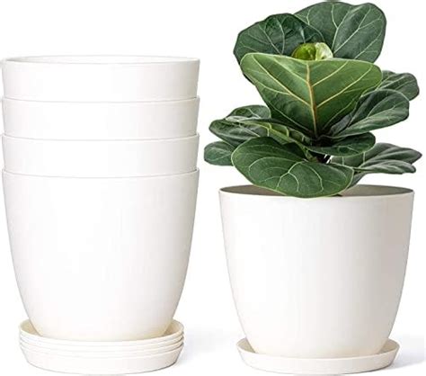 10" Plastic Plant Pots for Plants with Saucers, Indoor Set of 5 Plastic ...
