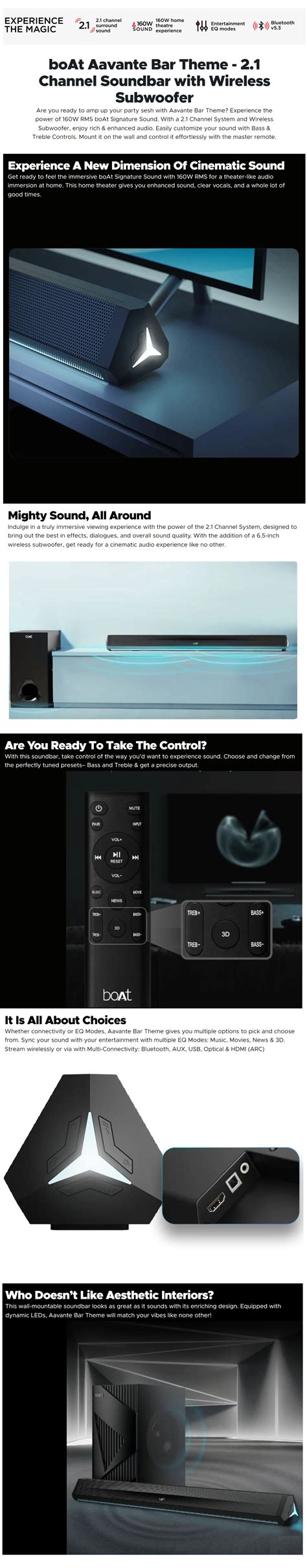 Buy boAt Aavante Bar Theme Bluetooth Soundbar with 160 RMS Signature ...