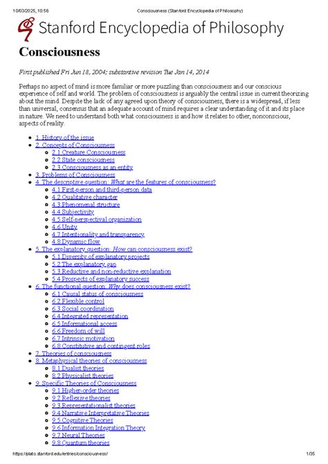 Stanford Encyclopedia of Philosophy: Understanding Consciousness - Studocu