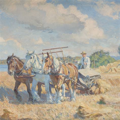 Børge Nyrop (1881-1948): Harvest landscape with horse-drawn threshing ...