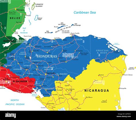 Highly detailed vector map of Honduras with administrative regions, main cities and roads Stock ...