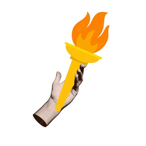 Female hand holding torch with fire halftone collage with symbol of ...