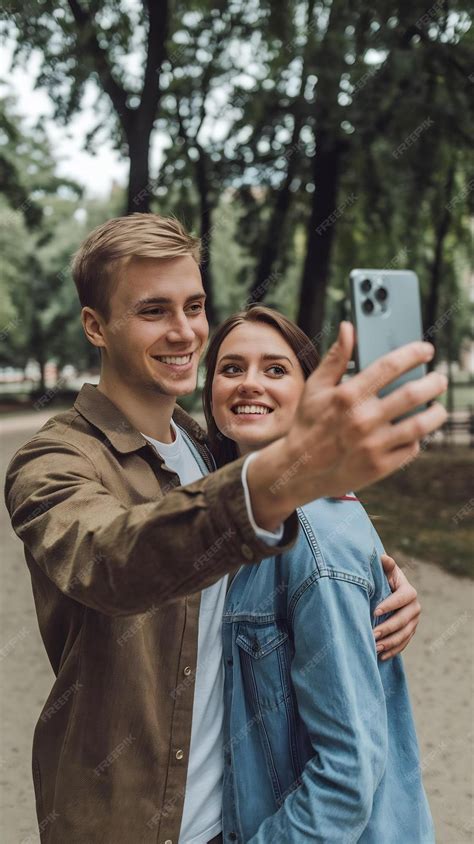 Smiling boyfriend taking selfie with girlfriend through smart phone at ...