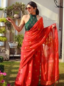 Buy Apu handloom saree Hand Painted Handloom Cotton Blend Red Sarees ...