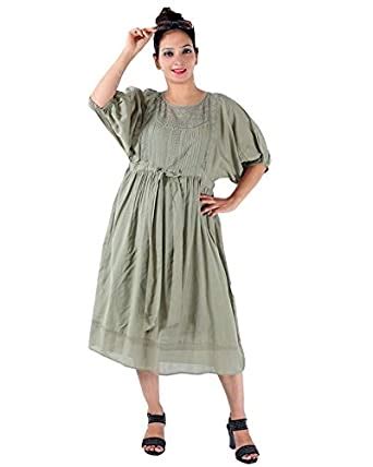 Buy KURI KAWAII Women Grey Dress Kimono Sleeve Midi Lace Pintuck Yoke ...