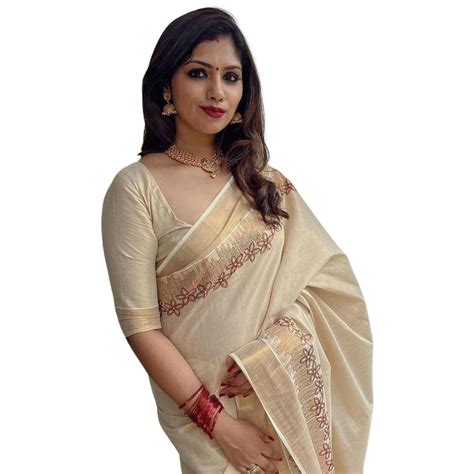 Kerela Bygone Fashion Women's Kuthampully Handloom Kasavu Tissue Saree ...