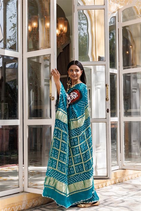 Green Ajrakh Handblock Bandhani Silk Saree With Zari Gharchola Pallu ...