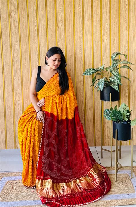 drape divine mustard yellow and blood red bandhani saree – Shree ...