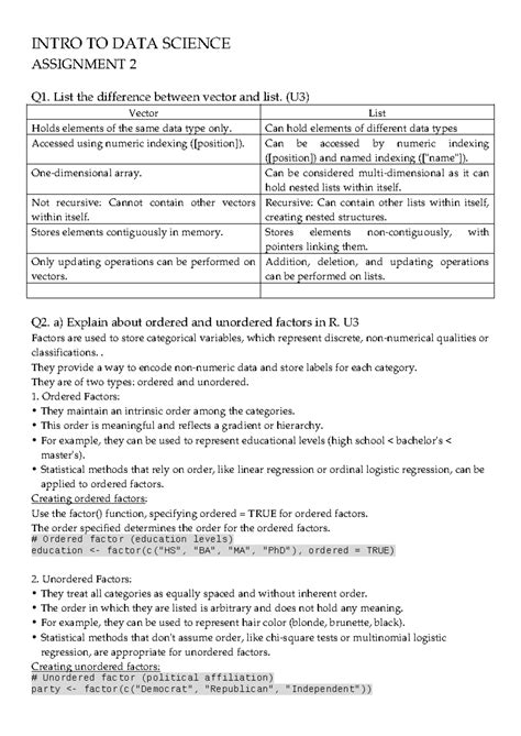 IDS as2 - INTRO TO DATA SCIENCE ASSIGNMENT 2 Q1. List the difference ...