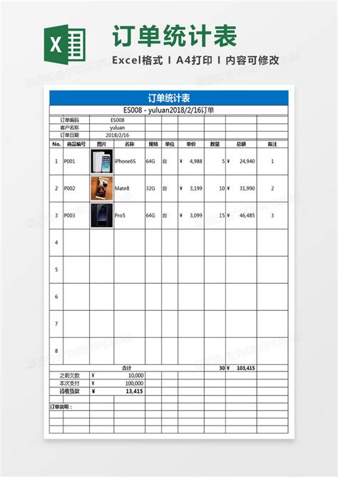 订单统计表Excel模板下载_熊猫办公