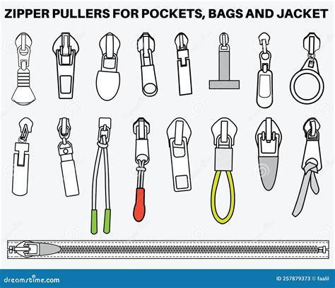 Zipper Puller Flat Sketch Vector Illustration Set, Different Types of Zip Pull for Fasteners ...