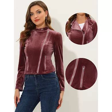Women's Short Motorcycle Jacket Full Zip Long-Sleeve Solid Velvet Jackets