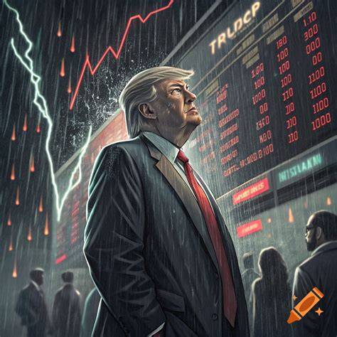 Illustration of Donald Trump in the rain looking up at a stock market graph on a large screen ...