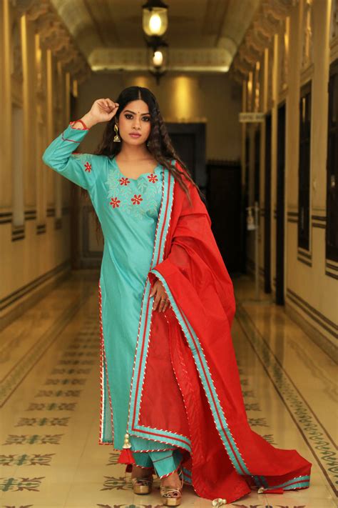 Juniper Green Embroidered Suit Set With Sangria Dupatta – Indianvirasat