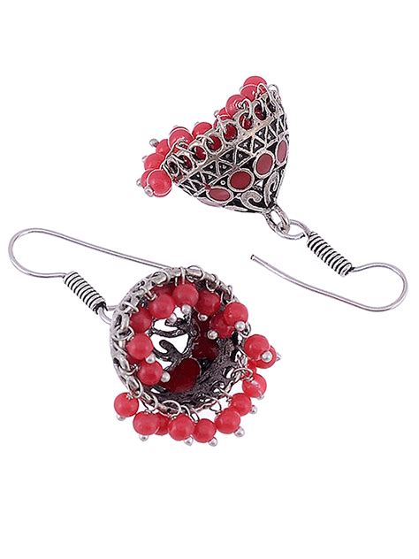 Buy Silver Toned & Red Circular Jhumkas Earrings for Women Online at ...