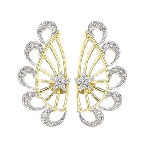 Gold Plated Peacock Feather Shaped American Diamond Studded Ear Cuffs