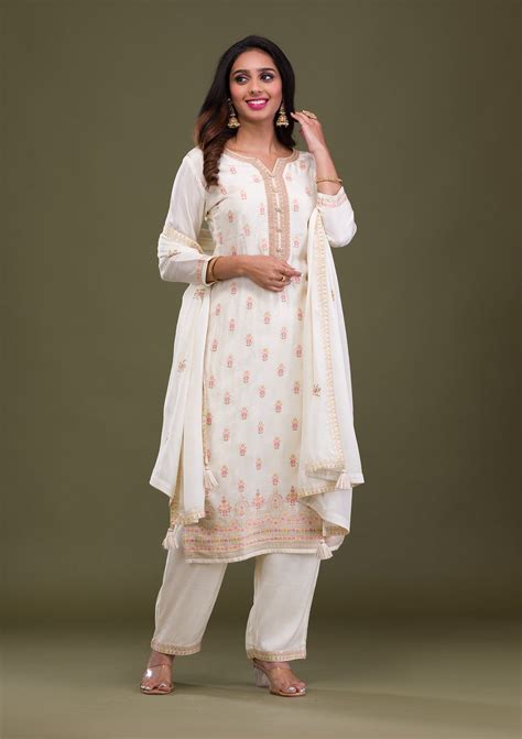 Buy Cream Zariwork Art Silk Readymade Salwar Suit - Koskii