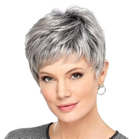 Gray Wigs for Women Temperament Oblique Bangs Texture Fluffy Short Hair ...