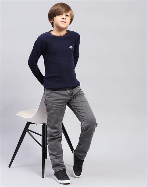 Buy Boys Navy Blue Solid Round Neck Full Sleeve Pullover Online in ...