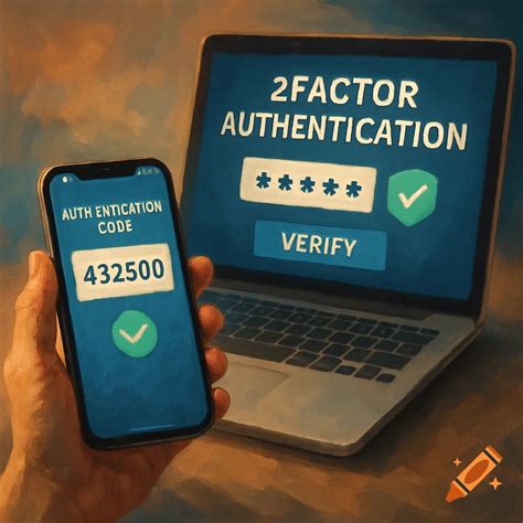 Hand holding phone with authentication code next to laptop with 2-factor login. Painterly style ...