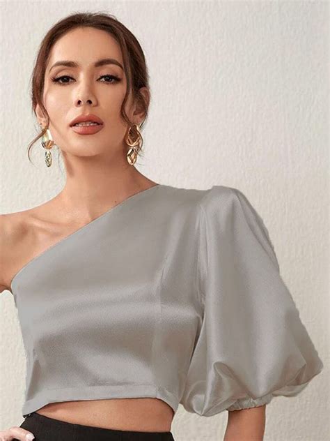 Kotty Grey One Shoulder Puff Sleeve Satin Crop Top – KOTTY